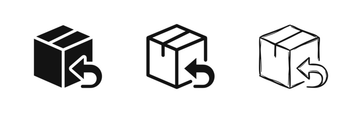 Set of three package icons with return arrow: solid black, outline, and sketch.