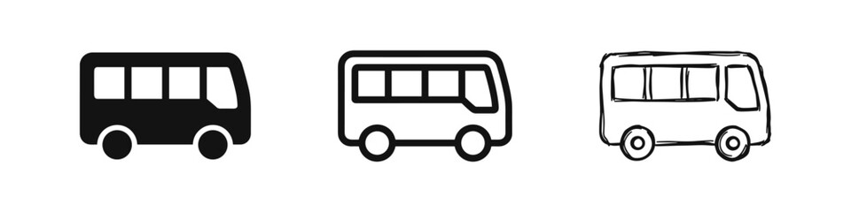 Set of three bus icons: solid black, outline, and sketch style © drawing lines