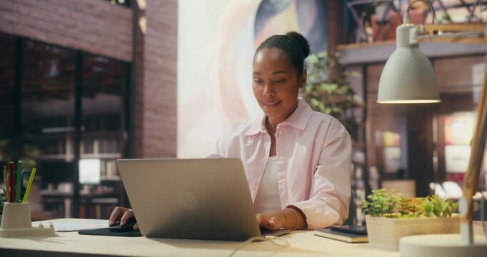 360 Degree. Inspired Black Woman Specialist Types on Laptop in Stylish Office, Brainstorming Creative Ideas, Boosting Online Productivity and Ecommerce Success With Technology. Arc Tracking Shot.