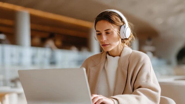 A stylish woman with headphones sits at a laptop in a contemporary workspace, concentrating on her work. The environment is airy, modern, and filled with natural light