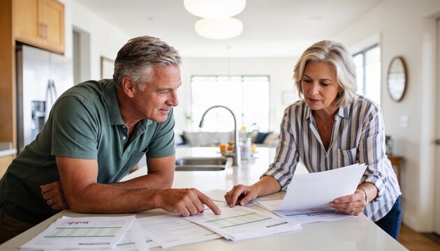 Mature couple reviewing financial documents together in a bright modern kitchen, planning for retirement and managing household budget for future security