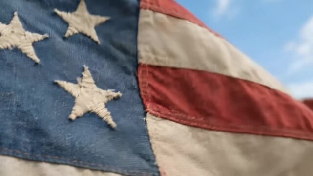 Close-up of vintage American flag waving in wind against blue sky.