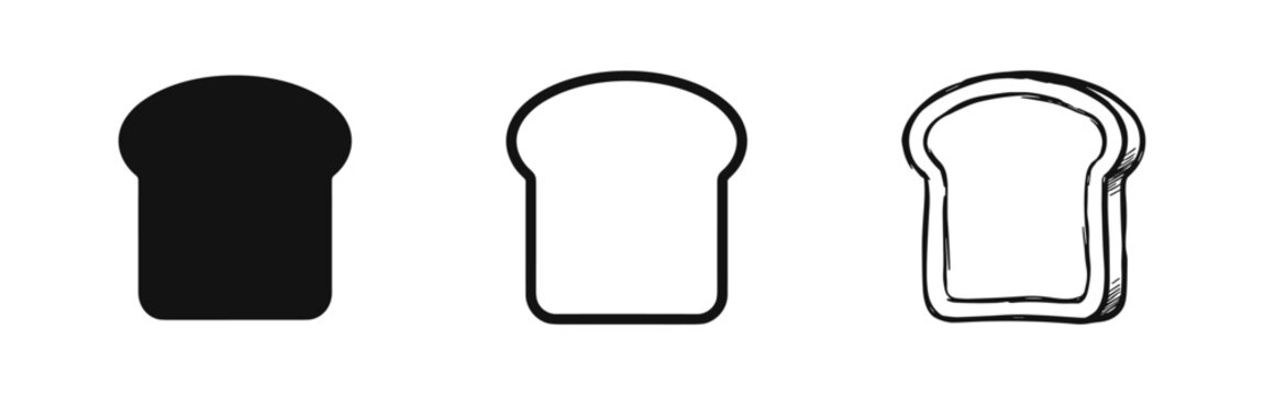 Set of slice of bread icons, solid, outline, and sketch style