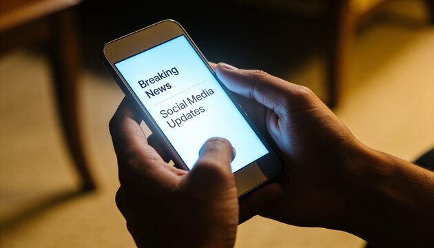 Person holding a smartphone with breaking news and social media updates on the screen in a dimly lit room, staying informed with digital journalism and online alerts