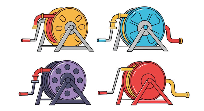 Colorful cable reels, wire spools, industrial cord organizers, electrical wire holders