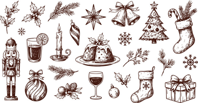 Christmas doodle set featuring vintage hand drawn illustrations of tree nutcracker pudding and holiday decorations