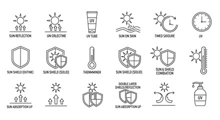 Fototapeta premium Sun protection icons, sunscreen symbols, UV safety signs, vector graphics