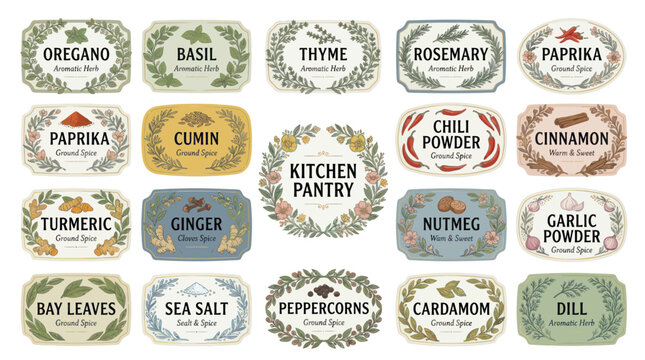 Vintage Spice Labels Collection: Herbs, Spices, and Seasonings for Kitchen Pantry