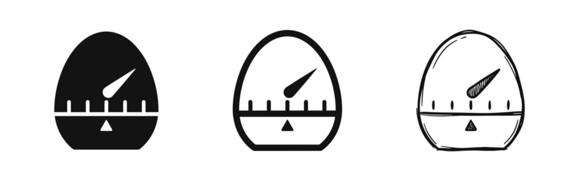 Set of kitchen timer icons, solid, outline and hand-drawn sketch styles