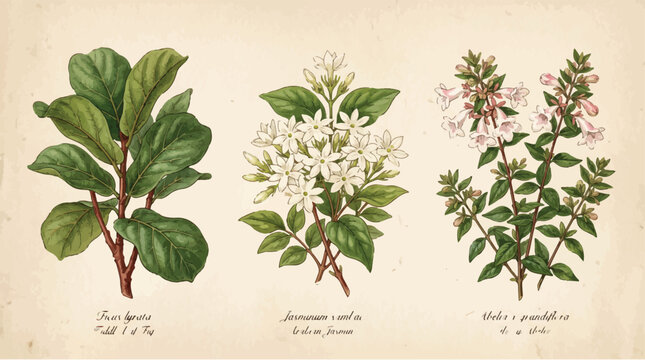 Botanical illustration of ficus lyrata jasminum sambac and abelia grandiflora silhouette free plants