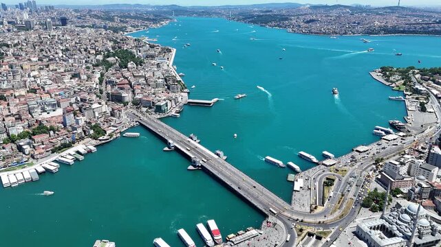 Aerial view of the turquoise Bosphorus and bridges, featuring a unique Istanbul cityscape on a summer day (D-Log unprocessed footage).