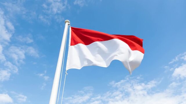 Indonesian flag waving on white pole against bright blue sky.