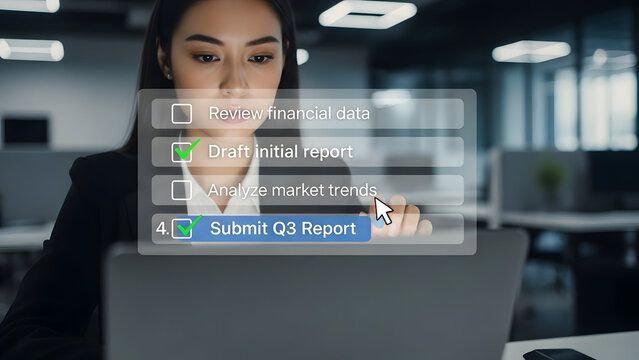 Woman submitting quarterly report at office desk isolated on transparent background