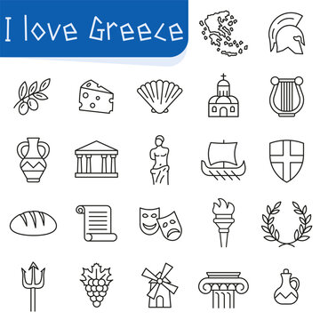 Symbols of Greece. A set of icons depicting traditional and cultural symbols of Greece.
