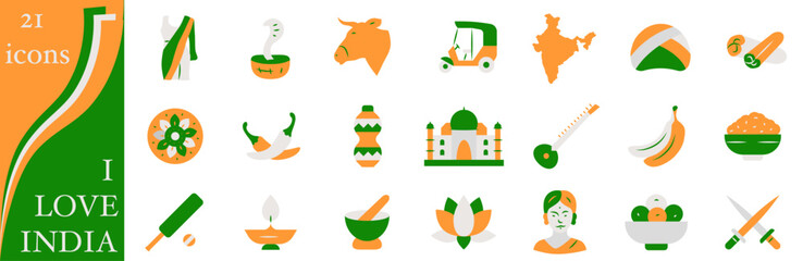 Fototapeta premium Stylish minimalist design of icons about India, using the colors of the Indian flag.