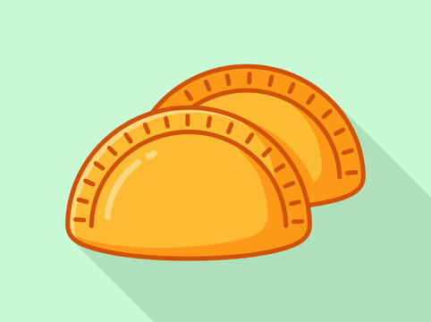Two golden baked empanadas with decorative crimped edges on a light green background