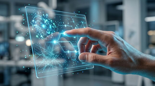A human hand interacts with a futuristic transparent digital interface, visualizing abstract data, network connections, and artificial intelligence concepts for advanced technological innovation