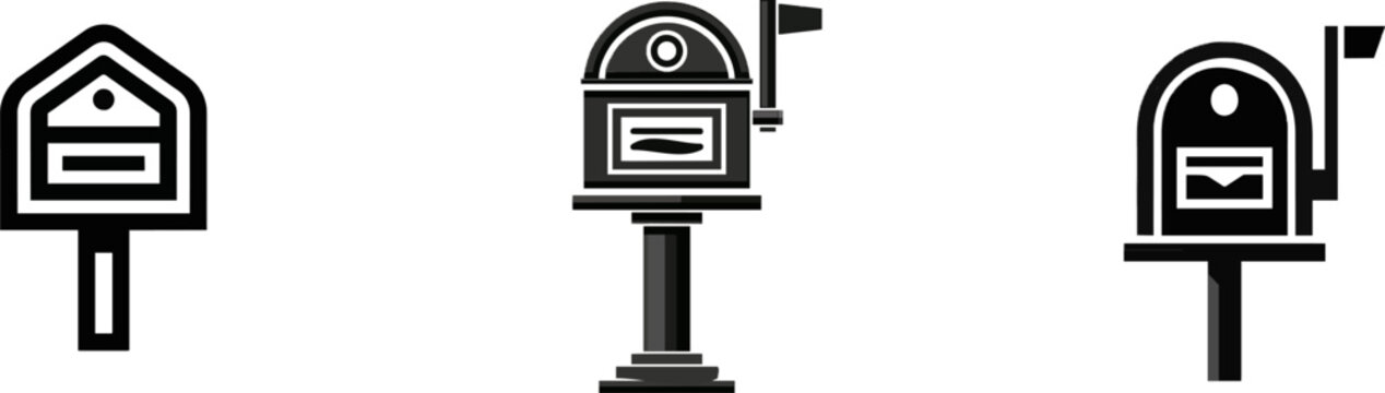 A minimalist black-and-white vector icon of a classic mailbox with clean lines, set against a solid white background, symbolizes the essence of domestic communication and mail delivery in an elegant,
