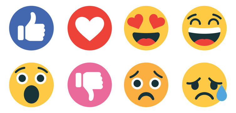 Emoji reaction icons set vector illustration, love, dislike, laugh, cry, sad, wow and heart eyes expressions, social media engagement and chat interface design elements.