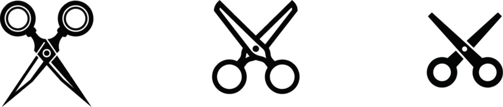 A minimalist vector icon of a pair of scissors with clean lines and black and white color scheme, set against a solid white background