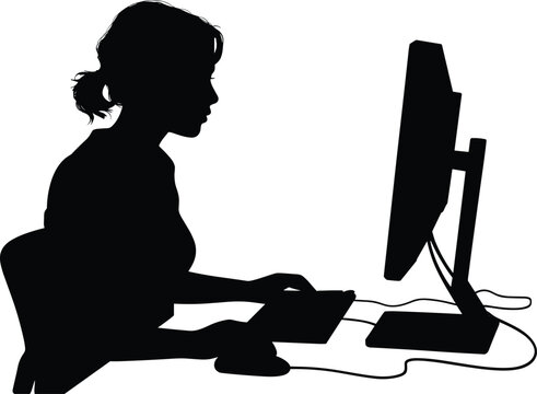 Woman silhouette vector illustration working on a desktop computer typing on keyboard and using mouse at her office desk