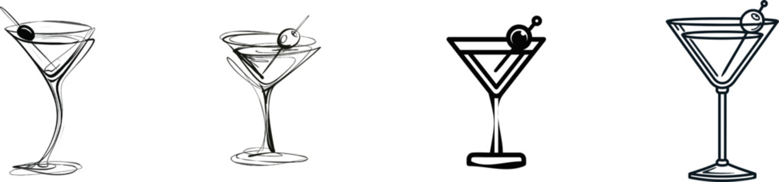 A minimalist black and white vector line art icon of a classic martini glass with an olive on a toothpick, isolated on a solid white background