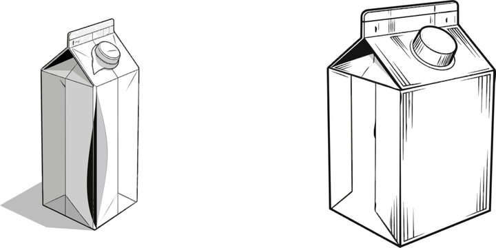 A monochrome vector illustration of a classic paper milk carton, rendered in clean lines against a pure white background, embodies the essence of a grocery theme with its simple yet effective design