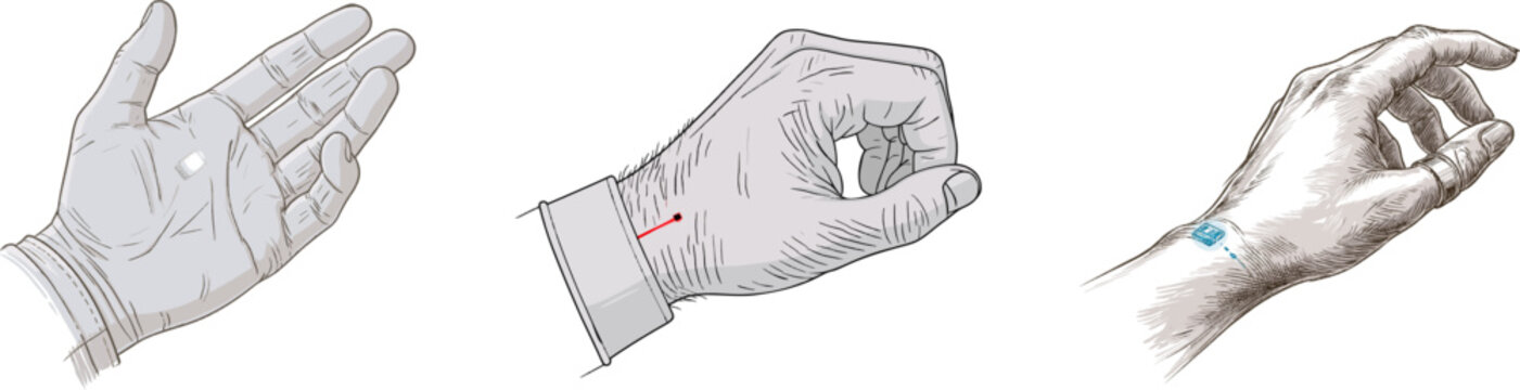 A monochrome vector illustration of a hand showing a glowing subdermal wrist microchip implant against a clean, white background, emphasizing the tech theme with its clean lines and isolated design