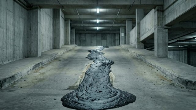 Abstract 3D animation of a thick, dark, viscous liquid spreading across a desolate concrete parking garage floor