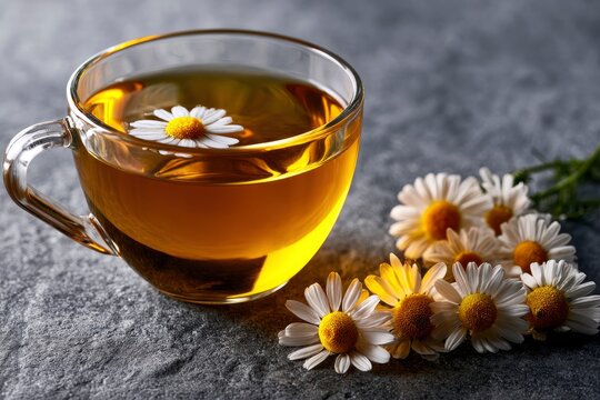 Chamomile herbal tea in a glass cup with floating blossoms on stone surface featuring sharp focus and warm lighting for wellness branding