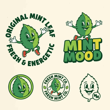 Retro Mint Leaf Mascot Logo Set - Vintage Cartoon Character Design for Fresh Food and Beverage Brands