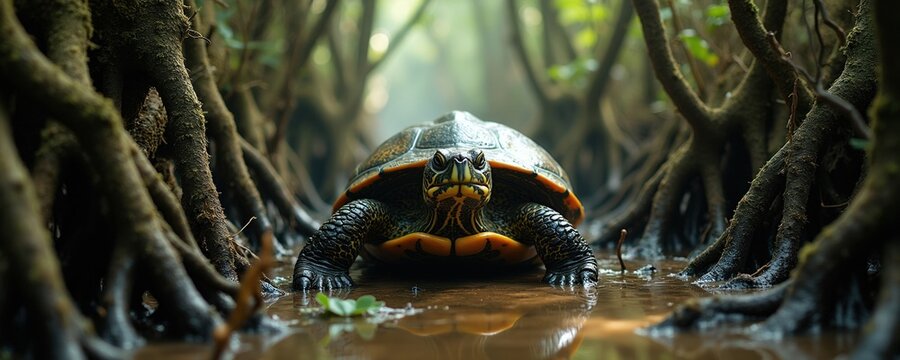 Turtle walks through dense mangrove roots. Reptile moves in murky water. Swampy forest habitat with mossy branches and diffused light. Wildlife scene in dark, mysterious environment.