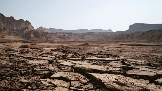 A bleak and desolate desert landscape characterized by deep fissures and dry cracked earth under intense midday heat