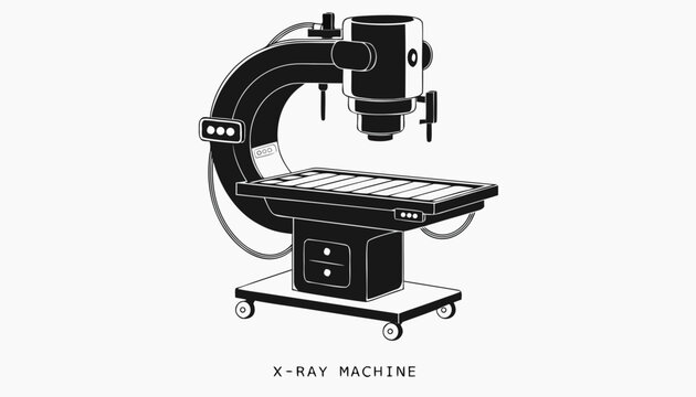 Very beautiful black and white realistic vector illustration of an X-RAY MACHINE featuring detailed diagnostic equipment styling, isolated on white background, with a label reading "X-RAY MACHINE" dis