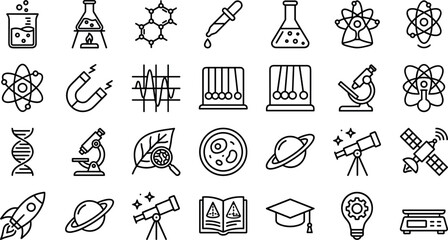 Science and Laboratory Education Line Icon Set Featuring Chemistry Beakers Physics Magnets Atoms Microscopes DNA Helix and Astronomy Telescope Outline Symbols © MARKNIS