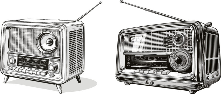 A monochrome vector illustration depicts an elegant vintage radio with clean lines, featuring a speaker grille, control buttons, and an antenna, all set against a pure white background