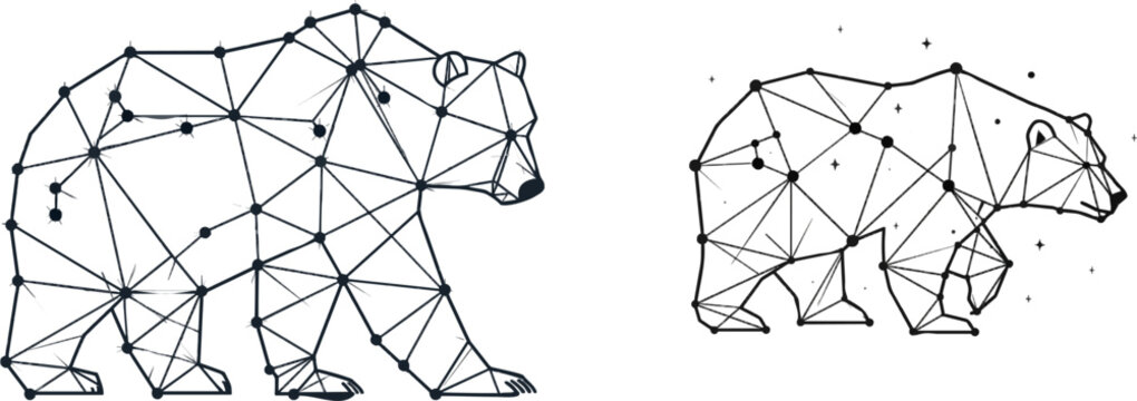 A monochrome vector illustration of the Ursa Major constellation creatively shaped like the silhouette of a wild bear, featuring clean lines and isolated on a pure white background