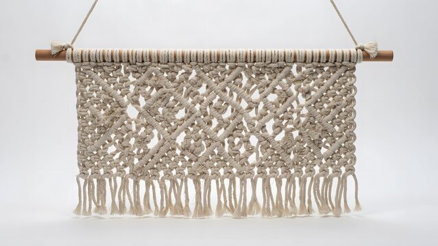 Handmade macrame wall hanging decor with intricate knotted patterns on wooden dowel rod display