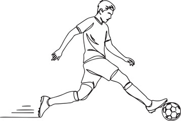Obraz premium Continuous one line drawing young male soccer player running up and kicking ball forward. Man playing football in white sports uniform, boots, foot.one line vector illustration with white background
