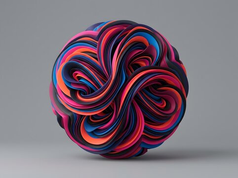 Complex abstract sphere made of interwoven orange blue and magenta colorful