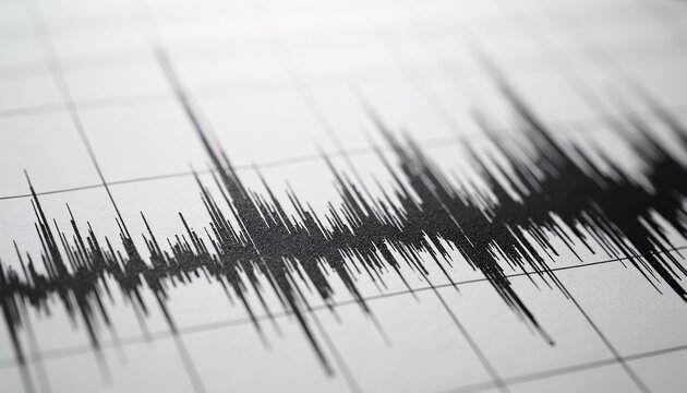 Seismic wave graph displays earthquake intensity. A seismograph reading shows ground motion spikes on paper chart. Earthquake data for science analysis.