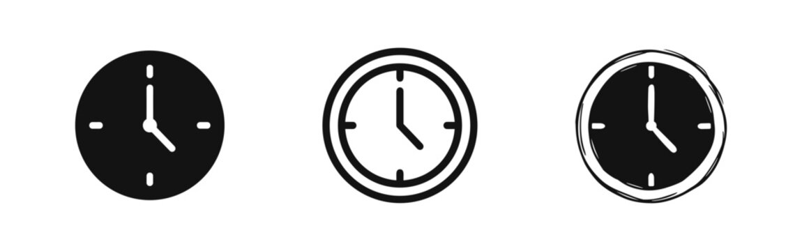 Clock icons in three styles: solid, outline, and hand-drawn