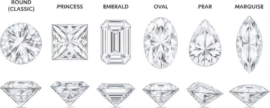 Illustration features various gemstones including Emerald, Oval, Pearl, and Marquise cut diamonds.