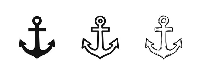 Anchor icons in three styles: solid, outline, and hand-drawn, representing maritime themes. © drawing lines