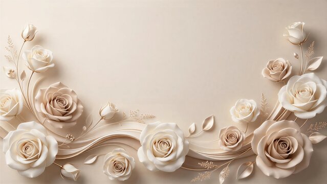 Elegant floral border graphic with beautiful ivory and beige rose flowers, with delicate champagne gold leaves and flowing vines on cream background, exquisite and chic neutral floral wallpaper