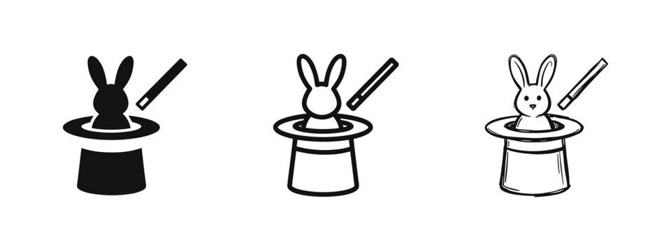Rabbit inside a magic hat icon set, performance and entertainment symbols
