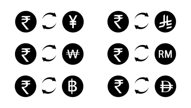 Indian Rupee to Asian Currency Exchange Icon Set &mdash; Rupee to Yen, Saudi Riyal, Won, Ringgit, Baht and Dong Conversion Pairs in Black and White