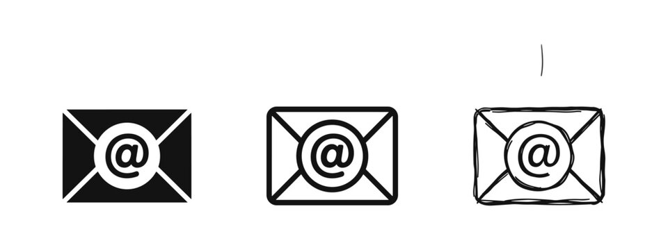 Email envelope icon set with @ symbol, digital communication and contact concept