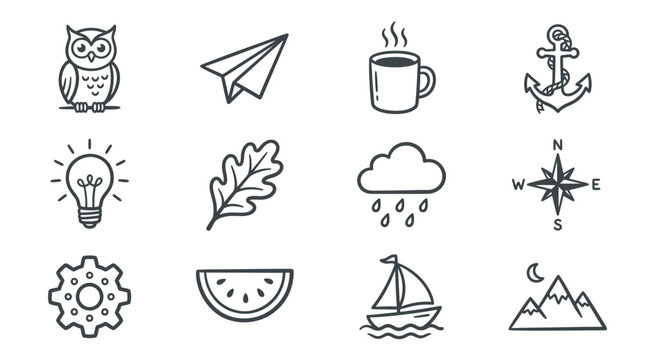 Various icons including owl, paper airplane, and coffee cup on a white background F 18