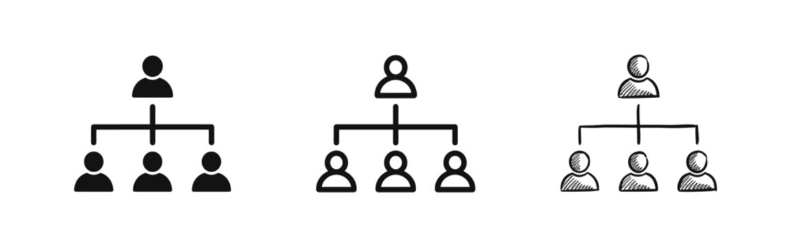 Set of organizational chart hierarchy icons in solid, outline, and sketch styles